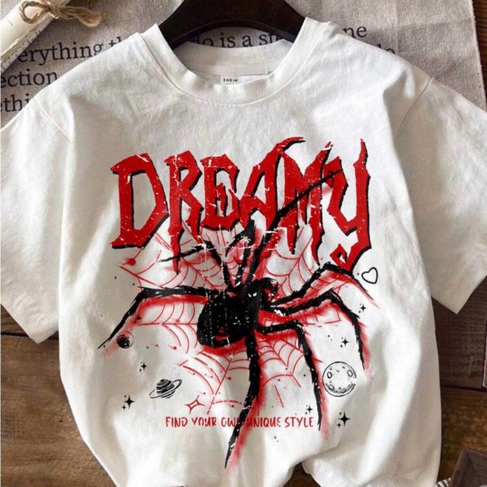 SHEIN Dreamy White Tee with Red Spider Design